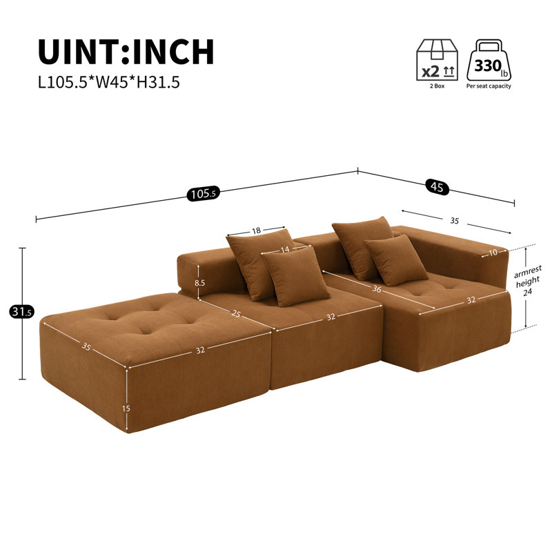 Shaped Modular Sectional Sofa, Minimalist Corduroy Floor Couch Set, Convertible Foam-Filled Cloud Compressed Couch For Living Room, 3 PC Free Combination, No Assembly Required