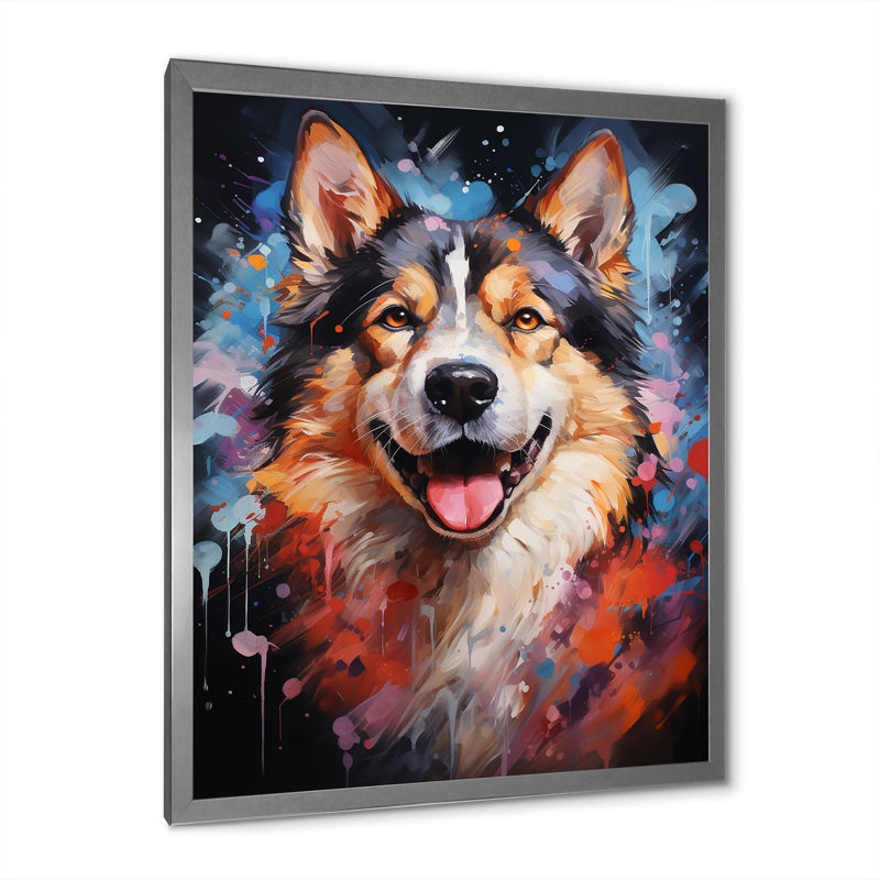 Chien Akita Aurora IV sur toile, Cadre simple argenté, H 32 po x l 16 po x P 1 po