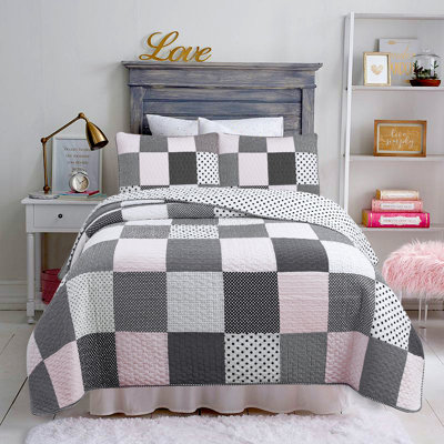 Ensemble de literie en coton à demi-teinte noir et blanc à pois rose