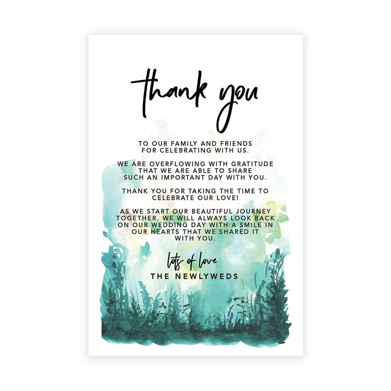 Carte de remerciement pour thème de mariage «Watercolor Forest» pour réception de table, assiettes, famille et amis