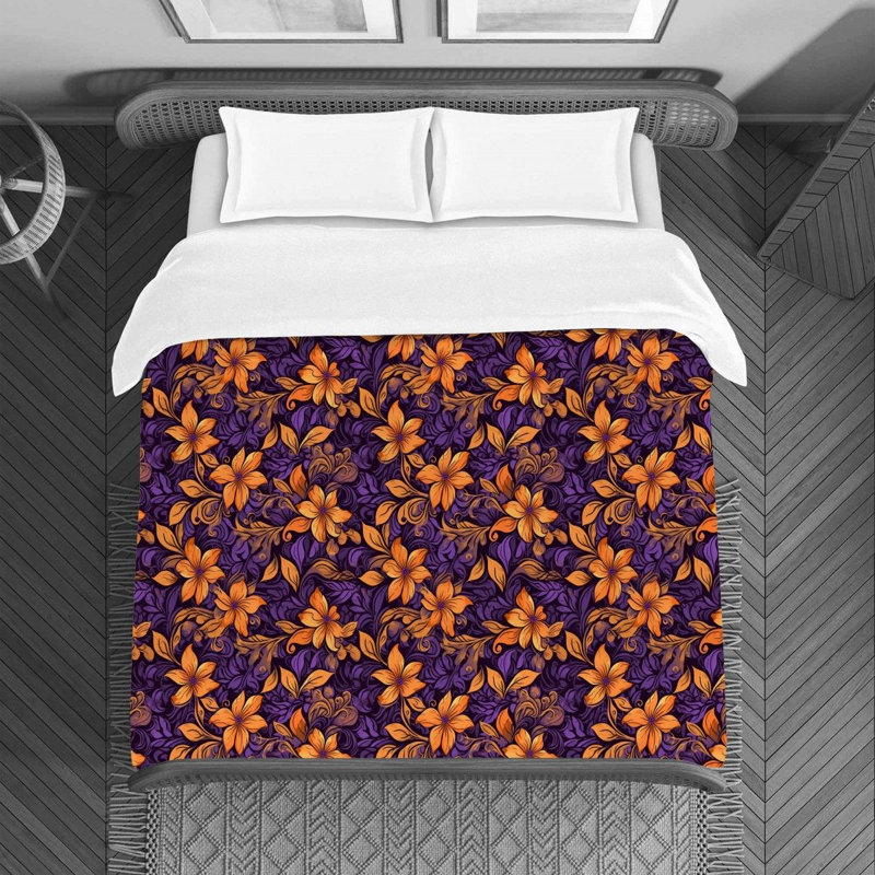 Housse de couette , Housse de couette pour lit simple, Orange / floral mauve