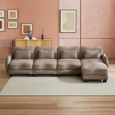 Canapé d'angle modulaire 4 places en chenille surdimensionnée avec pouf amovible et quatre coussins lombaires raffinés pour salon