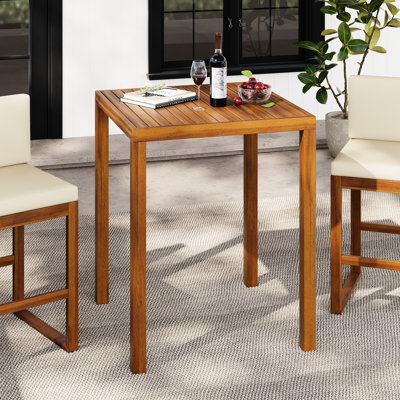 Table de bar d'extérieur en bois de style rectangulaire, plateau de table à lattes, 39,5 pouces de hauteur, couleur principale, profondeur et largeur du produit 31,5, poids de 29 lb, conception lisse, pieds fuselés, lavage complémentaire, intempéries