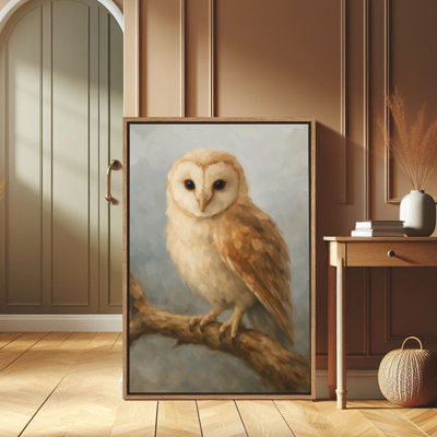 «Gentle Barn Owl on Branch», reproduction d'art encadrée pour les amoureux de la nature