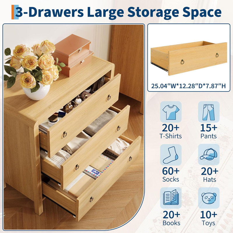 76.2 cm W Chest of 3 Drawers, Tan