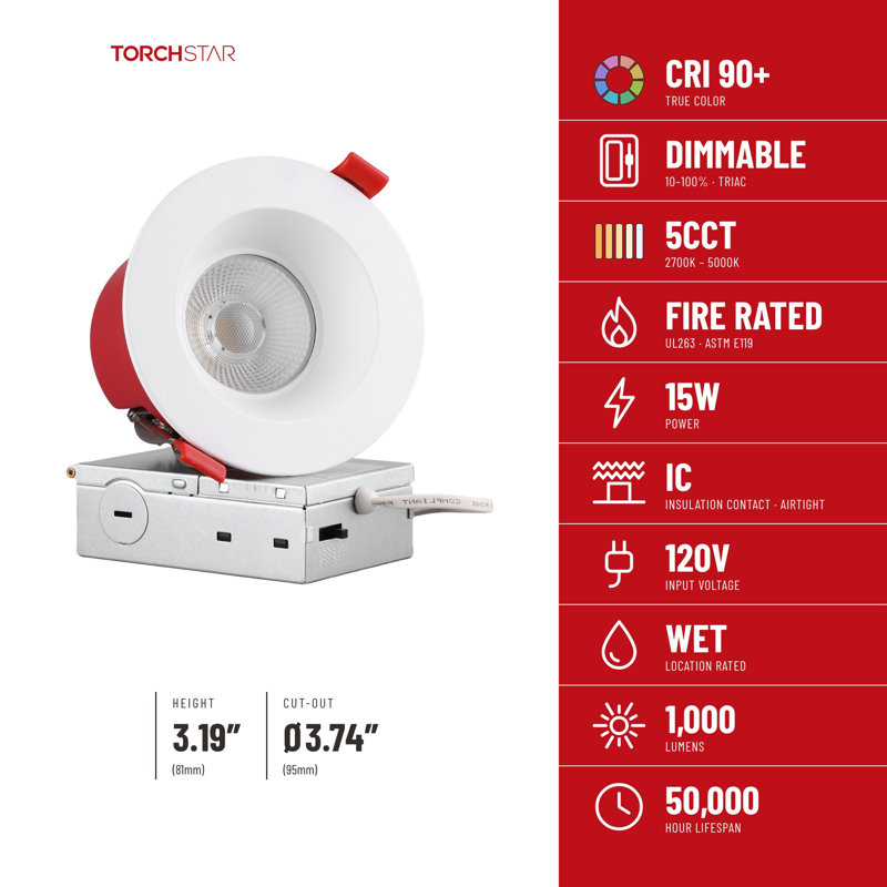 FireGuard 4" 15W 2-Hour Fire Rated Deep Baffle LED Recessed Light, UL263 IC Rated Canless, 5CCT 2700K-5000K Selectable, 1000LM, CRI 90+, Dimmable, Wet Rated, ETL Listed