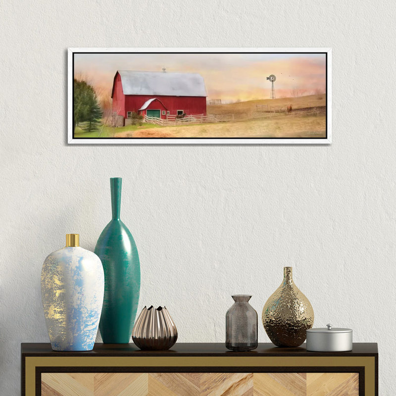 Horse Farm by Lori Deiter - Panoramic Print on Canvas, White Framed, 30.48cm H x 91.44cm W x 3.81cm D