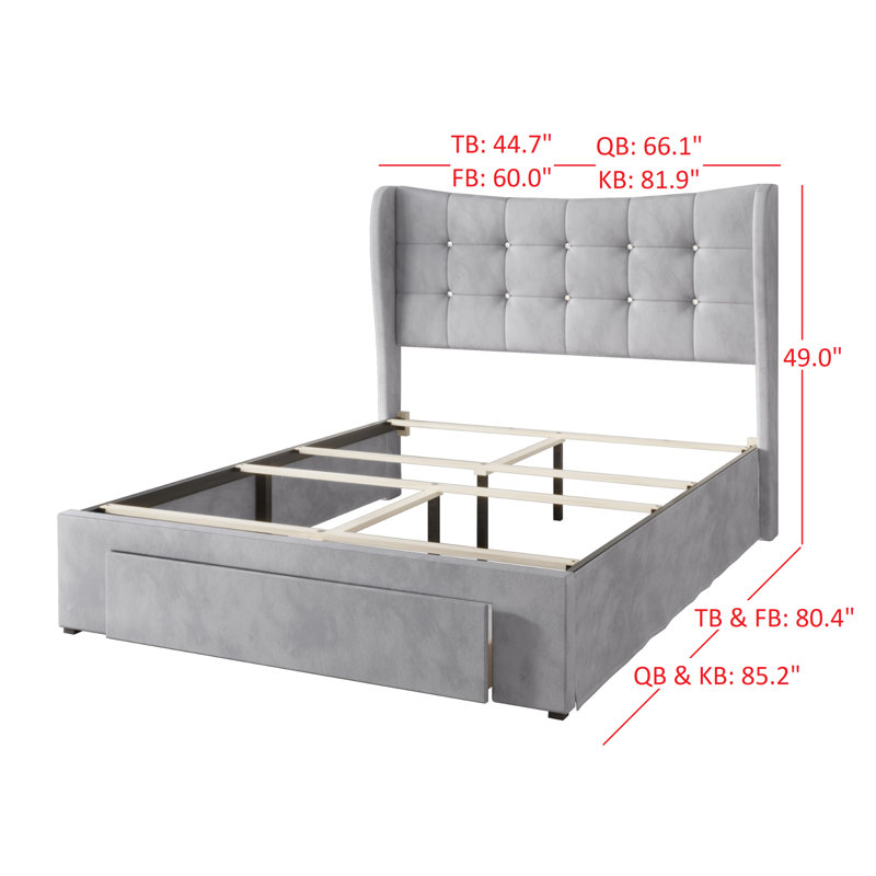 Culberson Upholstered Wingback Storage Bed, Silver Gray, Queen