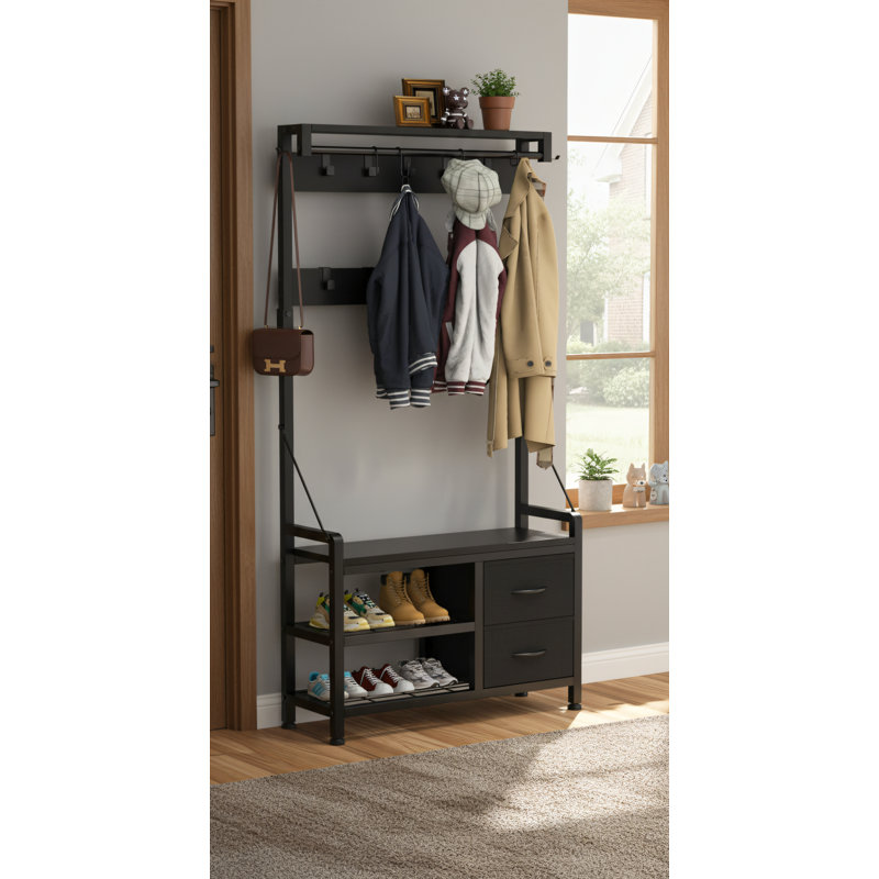 Black, 5-In-1 Foyer Tree, 31.6-Inch Wide Entryway Bench With Coat Rack, 17 Hooks + Separate Drawers, Black