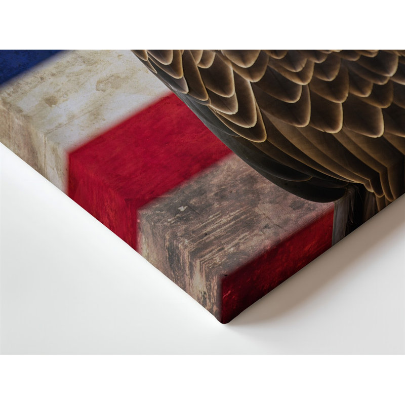 Reproduction d'art sur toile, "Aigle chauve majestueux" perché en évidence contre une toile de fond vieillie avec le drapeau américain