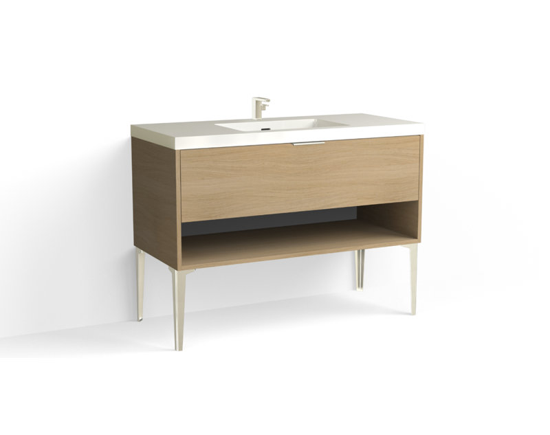 Modo 48" W Freestanding Single Bathroom Vanity with Dean Leg, Glossy White/Single, Nocino, Satin Brass