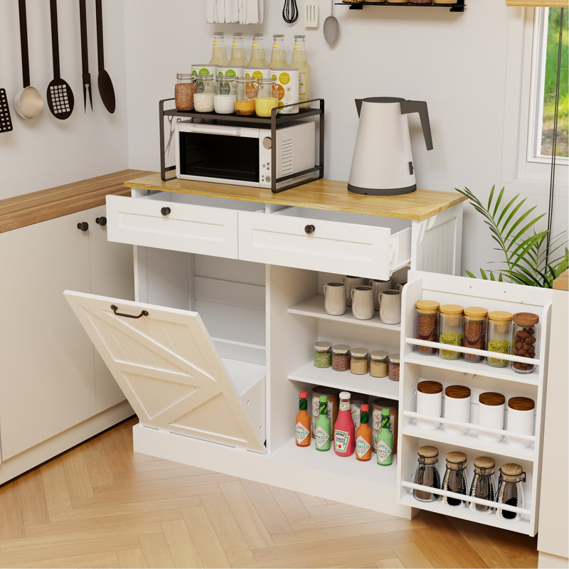 Armoire de rangement pour poubelle de cuisine avec 2 tiroirs, 1 armoire à ordures basculante, 1 porte avec support de rangement et 2 tablettes pour la cuisine, la salle à manger et le salon - blanc