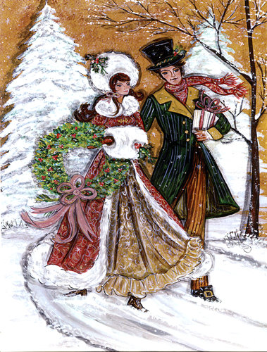 Couple, patinage, hiver, scène, maison, drapeau vertical