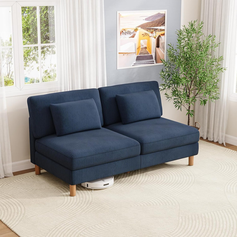 3 Seater Cotton Loveseat, 2-3 Seats-Blue