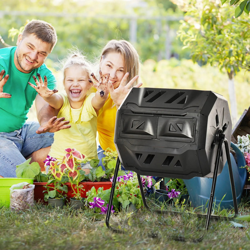 Bac à compost 43 gallons à double chambre, composteur extérieur rotatif à 360 ° pour le recyclage des déchets alimentaires et de jardin, noir