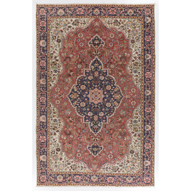 Tapis turc floral rouge et bleu noué à la main taille pièce