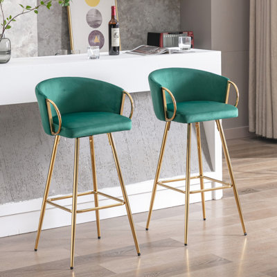 26 Inch Bar Stools, Of 2, Velvet Upholstery, Golden Legs, Footrest And Base, Elegant Seating Option