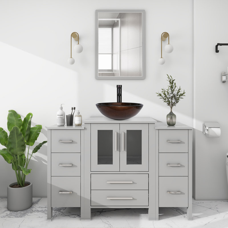 Ensemble de meuble-lavabo simple 48 po avec lavabo vasque en verre, plateau en bois manufacturé, robinet économiseur d'eau