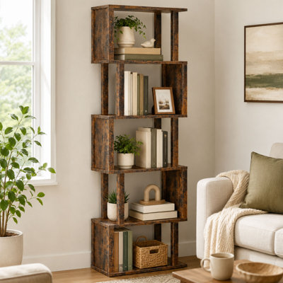 Bibliothèque en forme de S à 5 niveaux, vitrine ouverte avec système anti-basculement, marron
