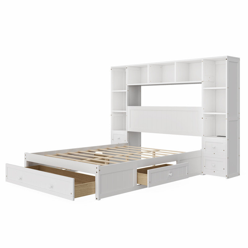 Lit capitaine multifonctionnel en bois de pin avec tables de chevet, bibliothèque et stations de charge intégrées, Lit double