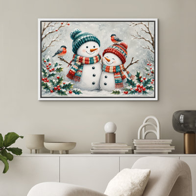 Cheerful Snowman Pair with Winter Birds and Holly Framed Canvas Master Bedroom Wall Art Work Print