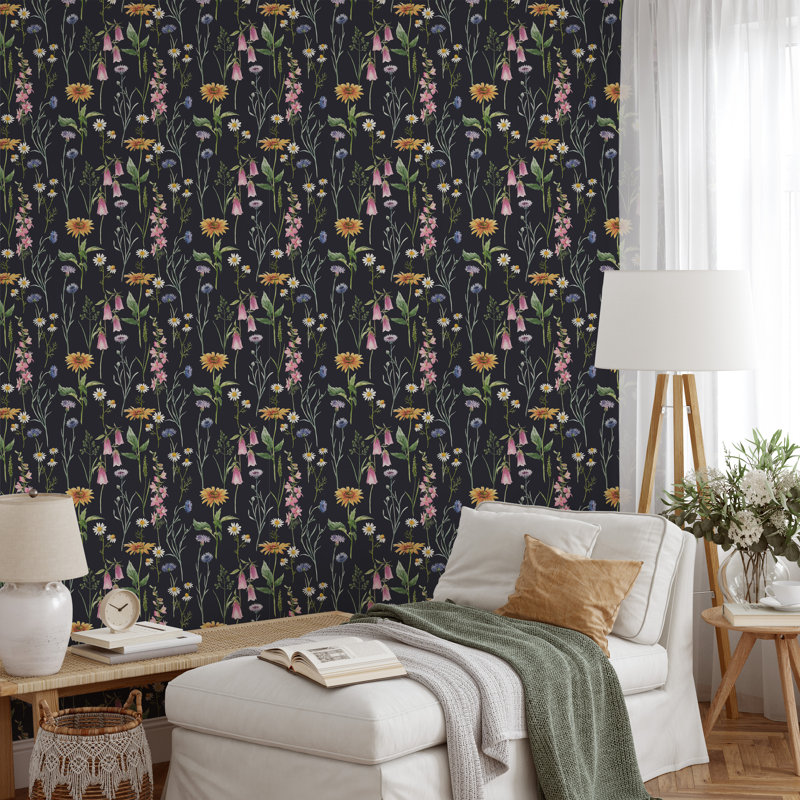 Wildflowers on Dark Background Removable Wallpaper, 24"W x 120"L