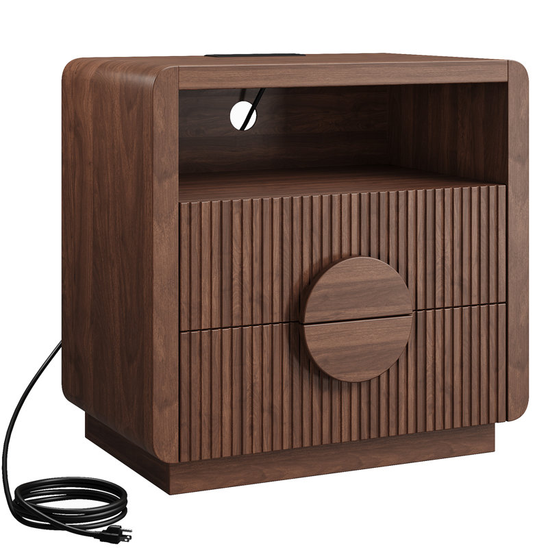 Table de chevet ajourée à 2 tiroirs H 23 po avec station de charge, panneau à lattes et tablette ouverte, table de bout à profil courbé pour chambre à coucher, salon, canapé et bureau