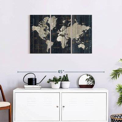 Carte du vieux monde en bleu sur toile, ensemble de 3 pièces