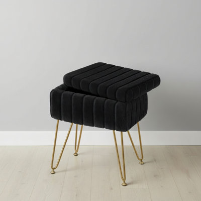 Tabouret de coiffeuse noir multifonctionnel moderne avec coussin et rangement en fausse fourrure; Pieds antidérapants en métal; Chaise de chambre à coucher.