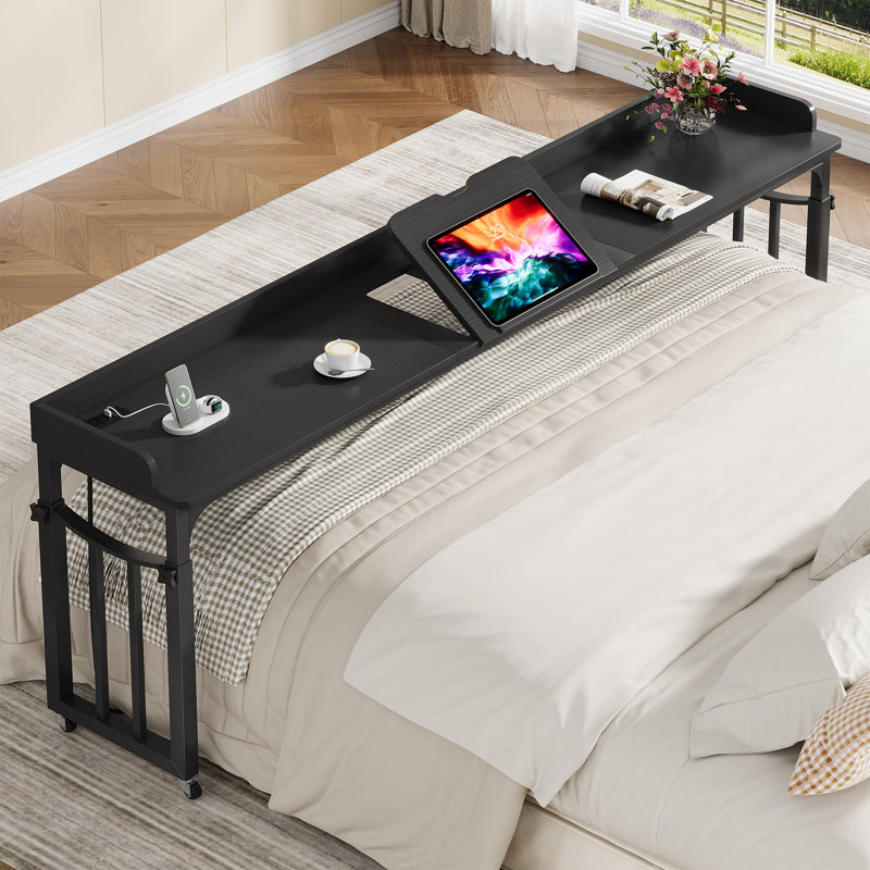 87'' W Height Adjustable Overbed Table With Power Outlet For King Size Bed, Writing Desk, Black