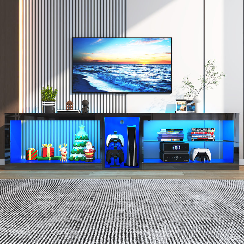 Grand meuble télé 80 po à DEL avec prise de courant pour téléviseur de 80 à 90 po, meuble télé noir avec lumières 70 000 couleurs, console télé à DEL ultrabrillante avec tablettes réglables en verre
