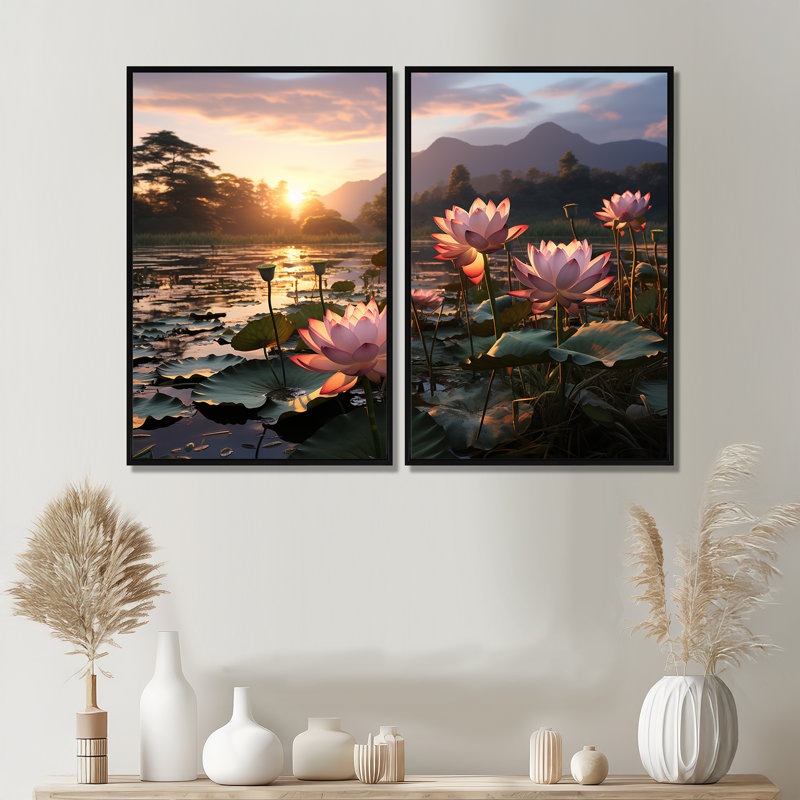 Champ de lotus rose vert avec coucher de soleil - Art mural rose, Noir, Cadre flottant, H 36 po x l 48 po