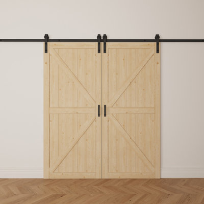 Porte de grange coulissante à double panneau en bois de sapin massif l 60 po x H 84 po avec quincaillerie d'installation