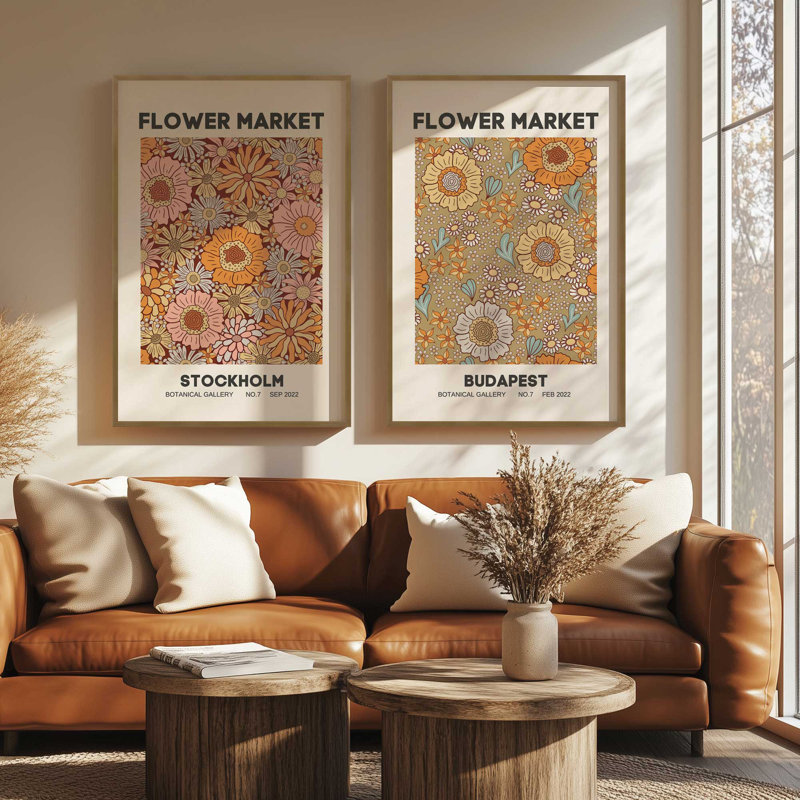 Retro Flower Markets II, ensemble de 2 impressions dans un cadre, Cadre en zinc patiné, H 17,5 po x l 25,5 po x P 1,25 po