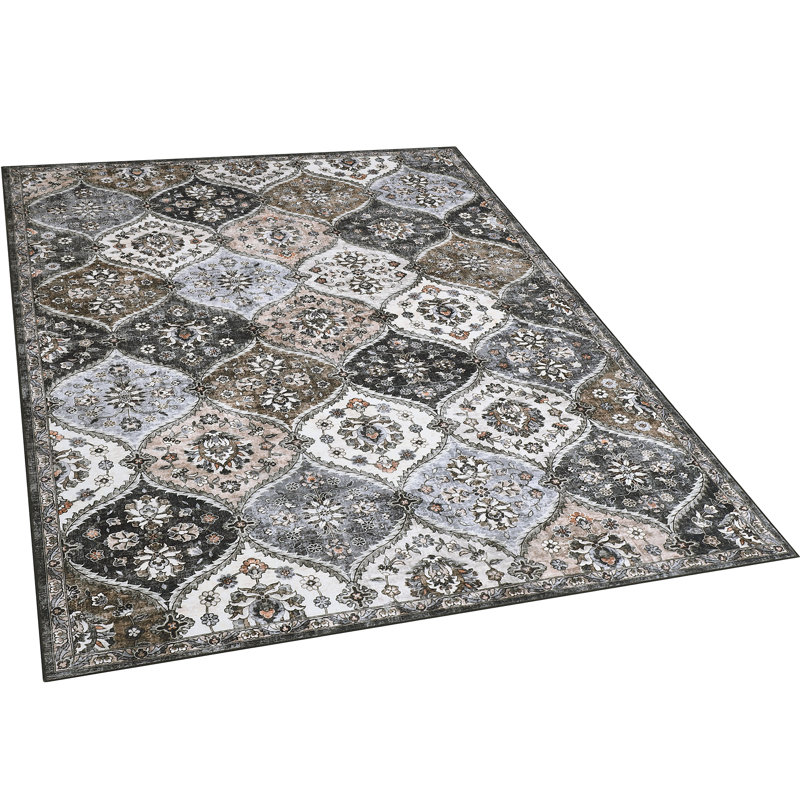 Tapis de salon fleuri 240 x 300 cm, grand tapis d'appoint oriental avec envers antidérapant, tapis de sol imprimé pliable, tapis d'intérieur traditionnel ne peluche pas pour chambre, salle à manger, cuisine, gris-brun