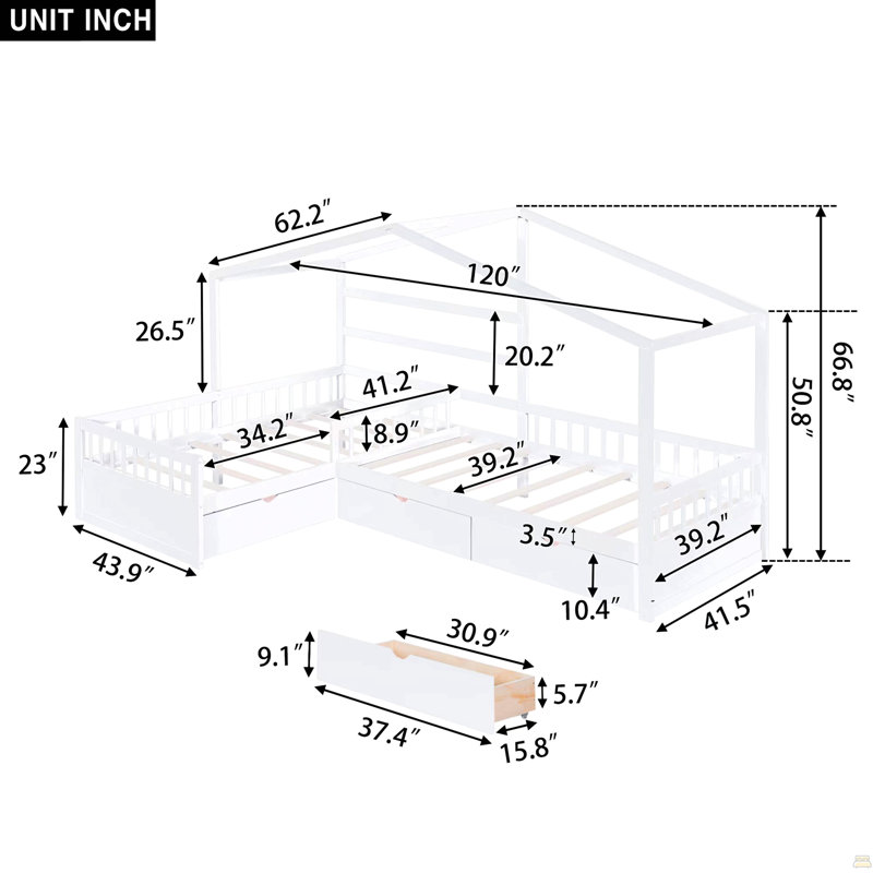 Lit plateforme simple avec trois tiroirs de rangement, blanc