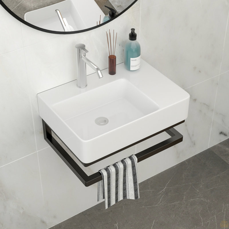 Wall-Mounted Rectangular Ceramic Bathroom Sink With Black Towel Bar & Faucet Hole