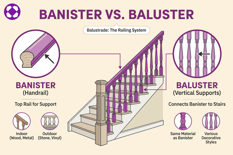 infographic outlining the differences between banister vs. baluster and illustrating which one is used where on a staircase