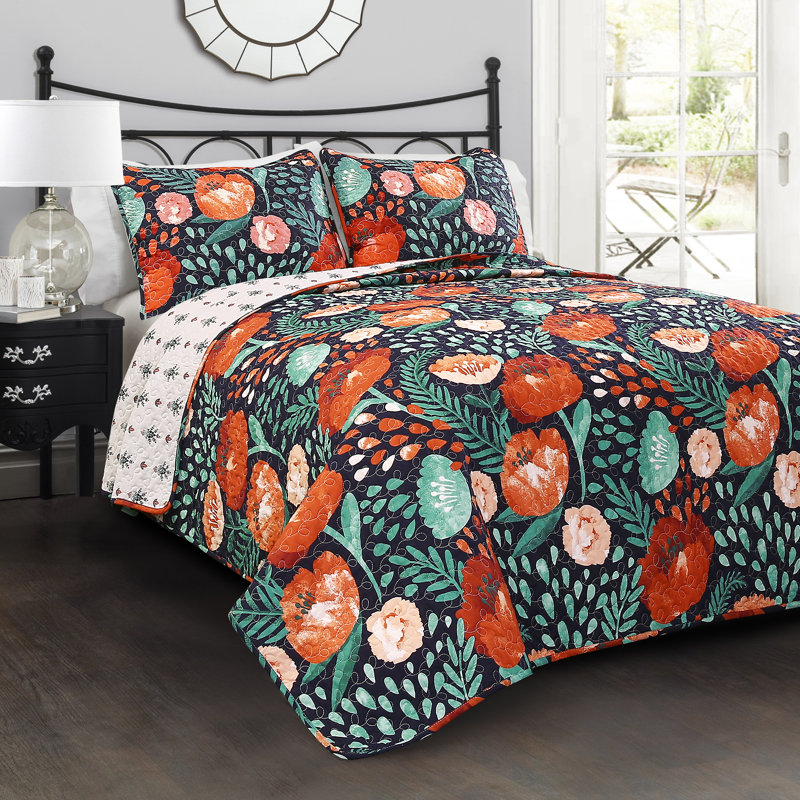 Poppy Garden 100% Cotton 320 TC Reversible Traditional  3 Piece Quilt Set, King Quilt + 2 King Shams, Navy