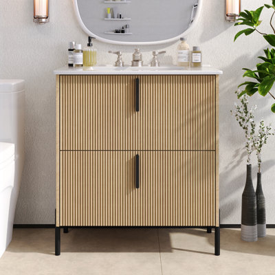 Meuble-lavabo de salle de bain avec lavabo en céramique et tiroirs pleine extension, glissières à fermeture en douceur, conception cannelée, naturel