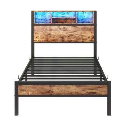 Twin Size Metal Bed Frame With Storage Headboard, Charging Function, Led Lights, Stable Frame, Under Capacity Headboard Storage, Ports, Smart , And , Space