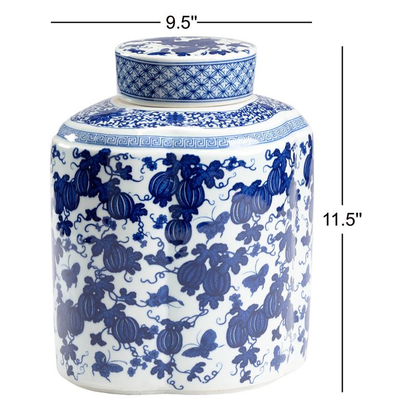Pot à gingembre en céramique blanc / bleu 11,5 po
