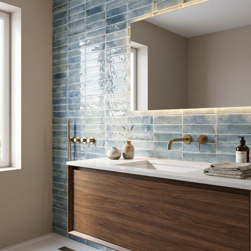 Calypso Sky Glossy 2.5x10 Porcelain Subway Wall Tile, Sky