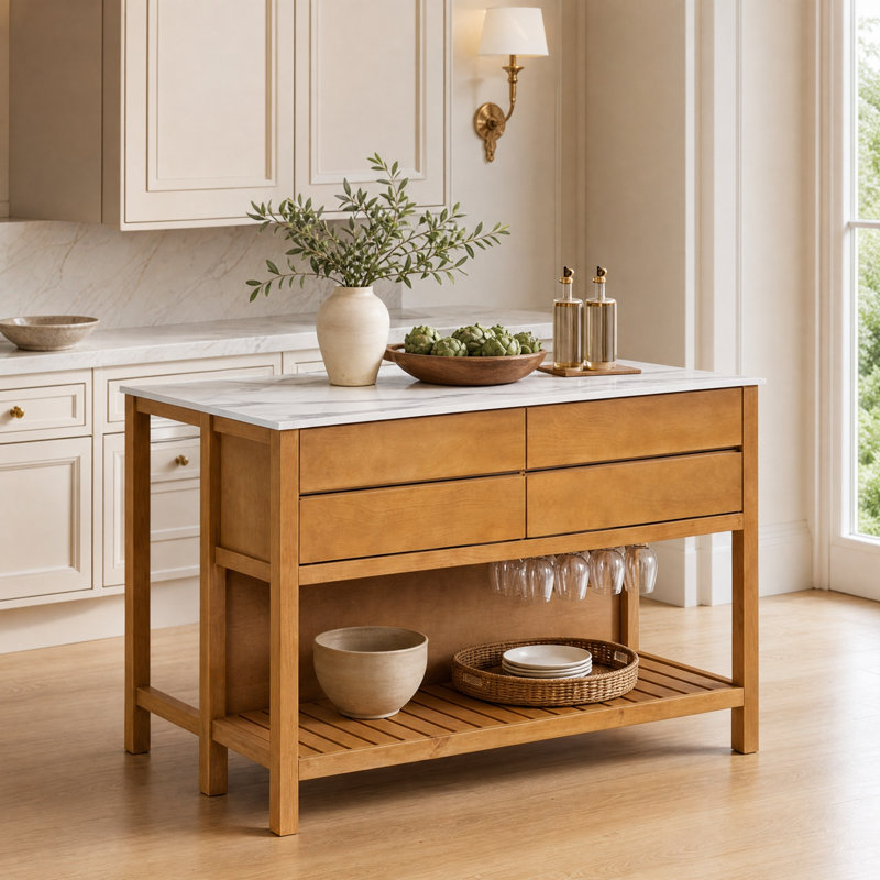 Îlot de cuisine Garren de style ferme moderne de 147 cm (57,68 pouces) en bois avec plateau en placage de marbre, 4 tiroirs, porte-verres à vin et étagère ouverte