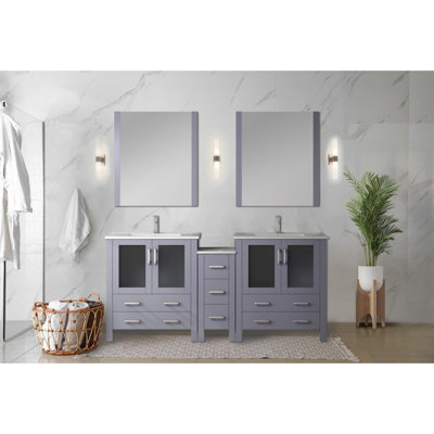 Meuble-lavabo double 72 po L Gris foncé, avec armoires latérales, robinet, 28 miroirs et une finition en céramique grise avec robinet inclus, longue durée