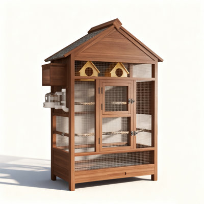 Rustic Cabin Solid Wood Parrot Cage, House-Shaped Large Standing Bird Aviary with Dual Nest Boxes & Sloped Roof
