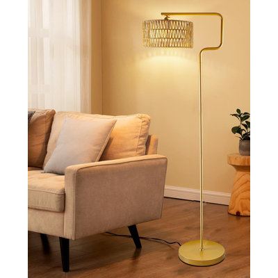 62-Inch Rattan Floor Lamp With Double Shades, Arc Standing Lamp For Living Room, Bedroom, And Office, Foot Switch, Sturdy Base, Easy Assembly