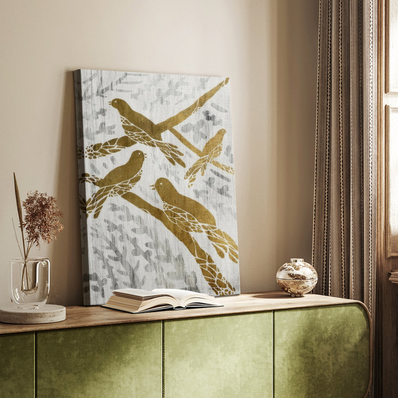 Quatre oiseaux appelants - Fête de la feuille d'or - galerie Cavas sur mesure, H 12 po x l 8 po