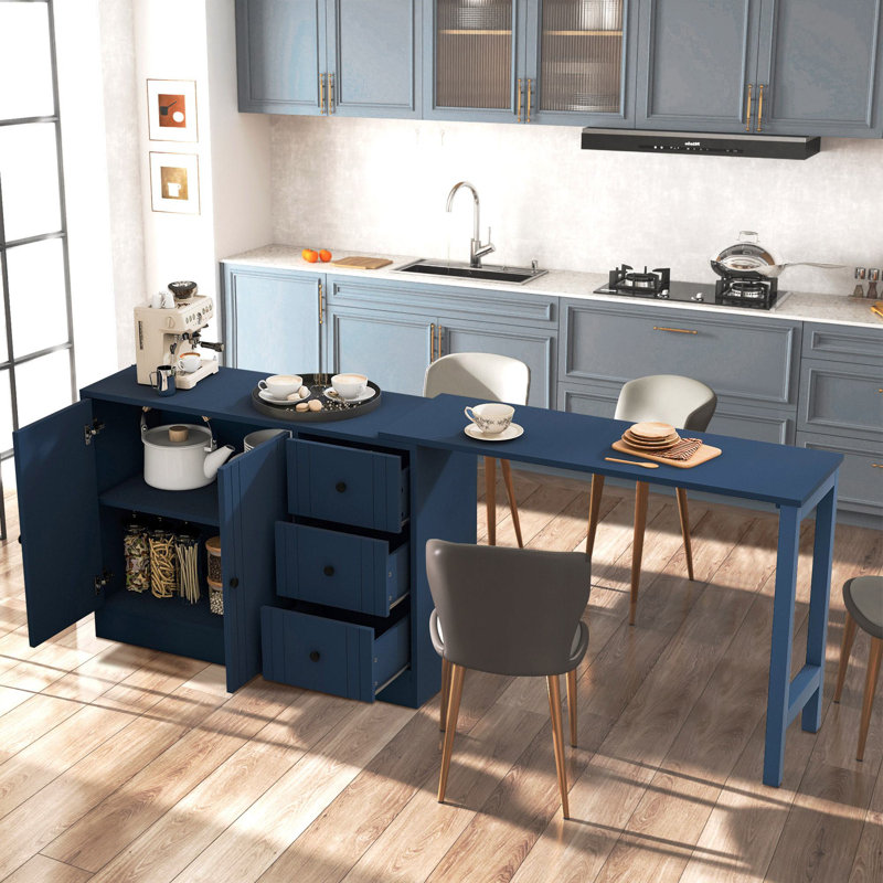 89.7'' Wooden Kitchen Island With Extendable Table, Blue