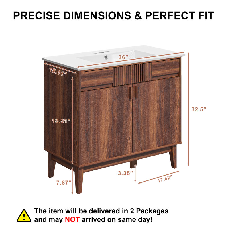 36" Mid-Century Modern Single Bathroom Vanity with Ceramic Sink, Soft-Close Doors and Solid Wood Legs, 36"